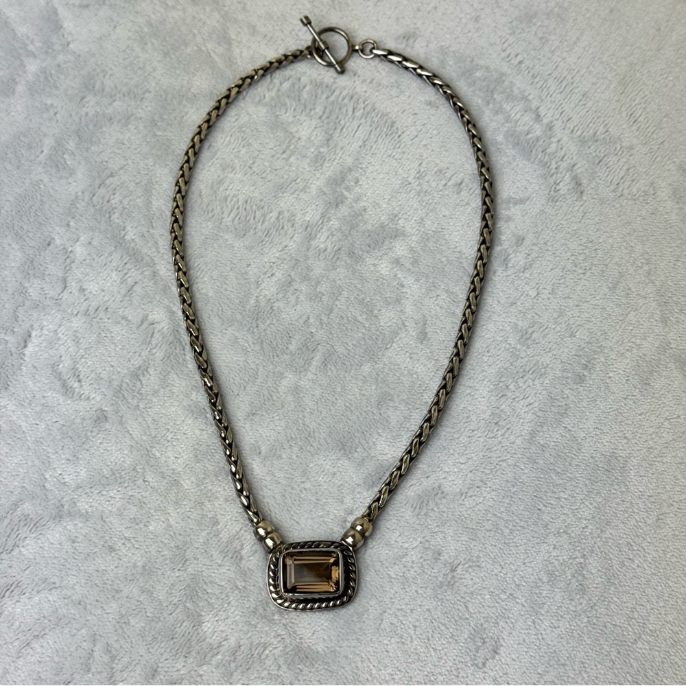 Vintage Designer Silver Wheat Chain with Smoky Quartz Pendant